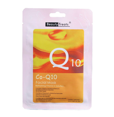 Image of a single pack of Beauty Treats' Q10 Facial Mask on a white background.
