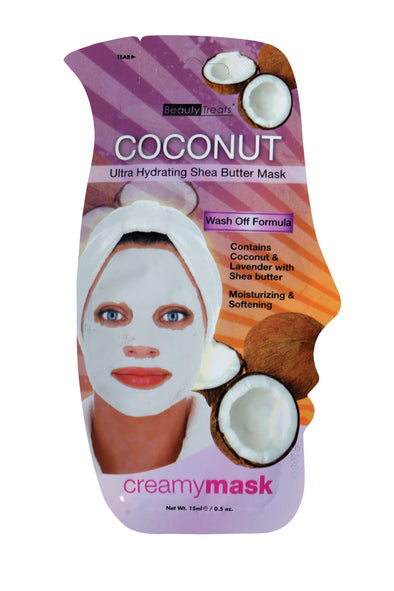 Image of a single pack of Beauty Treats' Ultra Hydrating Coconut & Shea Butter Mask in white background.