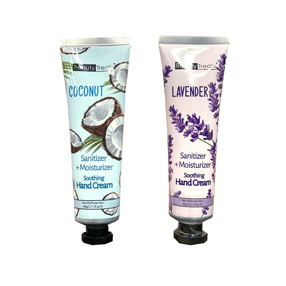 Image of two Beauty Treats hand cream sanitizer and moisturizer squeeze tubes, one in lavender, and one in coconut.