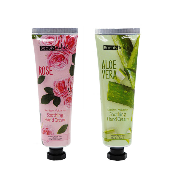 Image of two squeeze bottles. One in pink for the Rose scented, and one in green for the aloe vera scented hand cream.