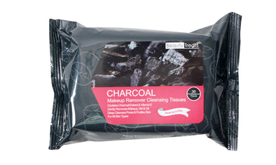 Image of a single pack of charcoal makeup remover cleansing tissues by Beauty Treats on a white background.