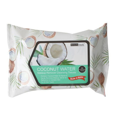 Image of a single pack of Coconut Water Makeup Remover Cleansing Tissues by Beauty Treats on a white background.