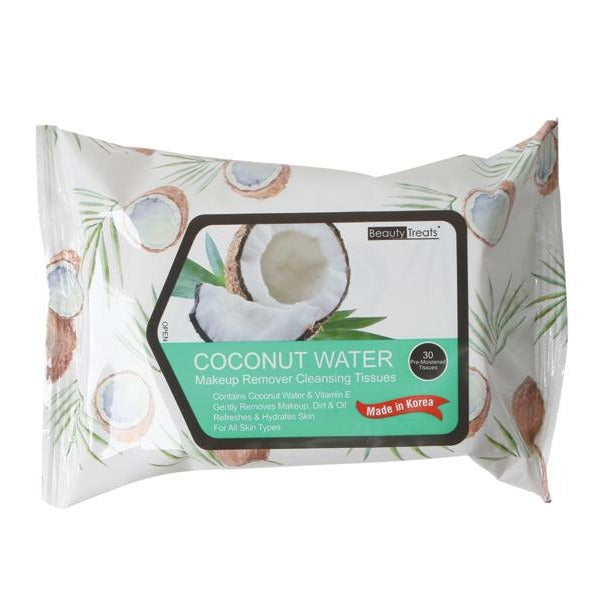 single pack of Coconut Water Makeup Remover Cleansing Tissues by Beauty Treats on a white background.