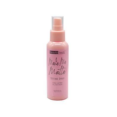 Image of a Beauty Treats setting spray bottle with the words "Make Me Matte" on it.