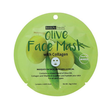 Image of a single pack of Beauty Treats'Olive Face Mask with Collagen with a white background.