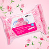 Image of a single pack of 2nd Love's Rose Water Makeup Remover Tissues in pink background with watercolor roses.