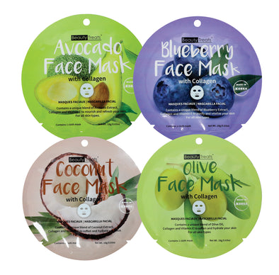 Image of 4 packs of collagen face masks by Beauty Treats on a white background. Green pack for avocado, purple pack for blueberry, off-white pack for coconut, and another green pack for olive.