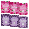 Image of 6 packs of facial masks on a white background. 3 of the packs are in pink for the rose water masks, 3 of the packs are in purple for the lavender masks.