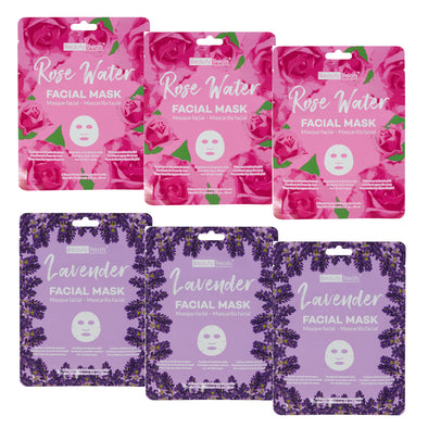 Image of 6 packs of facial masks on a white background. 3 of the packs are in pink for the rose water masks, 3 of the packs are in purple for the lavender masks.